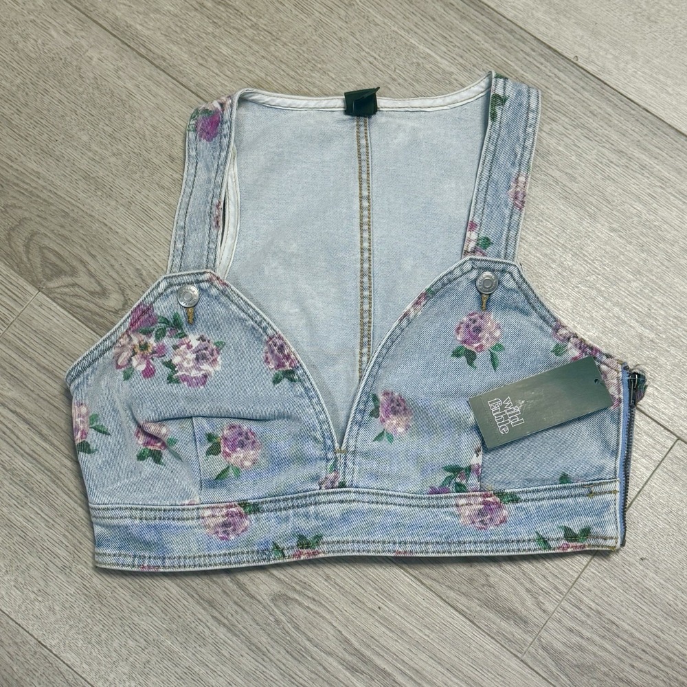 Wild Fable Denim Crop Top Womens Small Light‎ Wash Floral V-Neck Sleeveless Zip